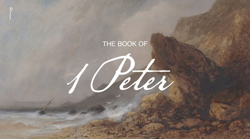 A dramatic seascape painting showing waves breaking against rugged cliffs and a small ship near the shore. Overlaid text reads 'The Book of 1 Peter'.