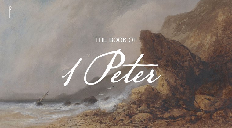 A dramatic seascape painting showing waves breaking against rugged cliffs and a small ship near the shore. Overlaid text reads 'The Book of 1 Peter'. Teaching Series